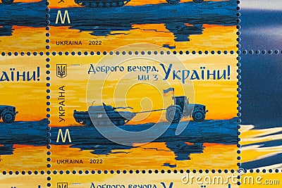 Limited edition of new Ukrainian stamp â€œGood evening, we are from Ukraine!â€. New postage stamp by Editorial Stock Photo